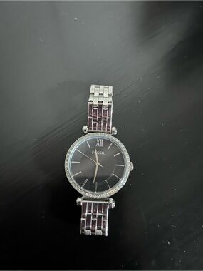 Fossil Silver and Black Women's Crystal-Trim Bracelet Watch